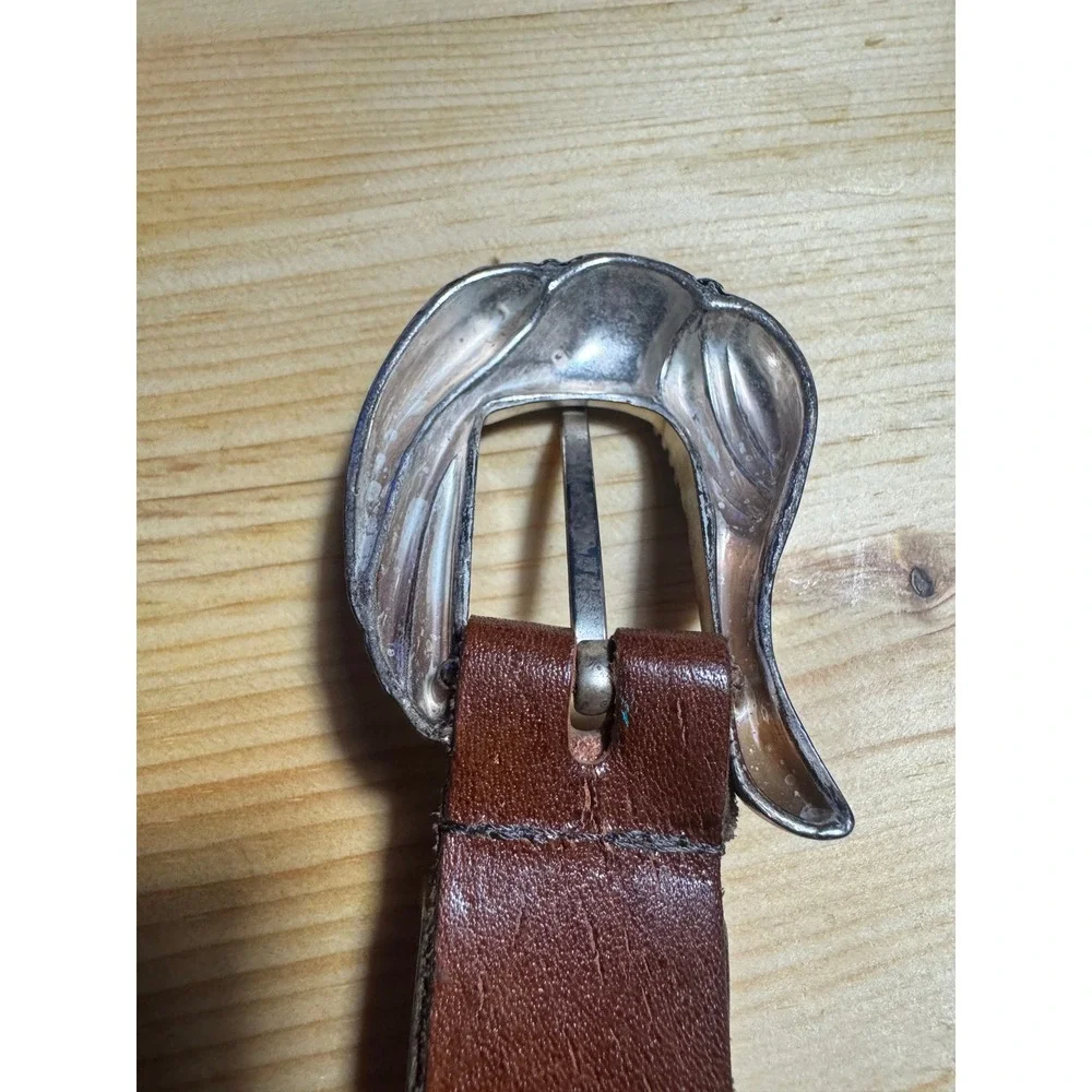 Argentina Vtg women's Belt Silver tone Engraved Buckle Boho Braided Leather  34